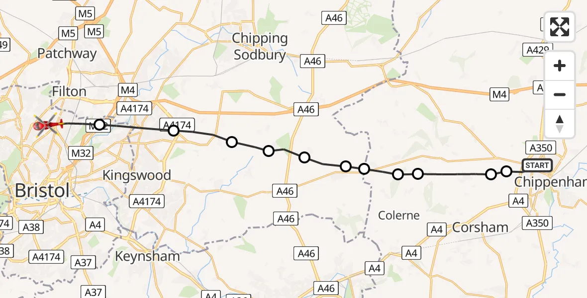 Flight path map showing Air Ambulance Helicopter route from Chippenham to Bristol