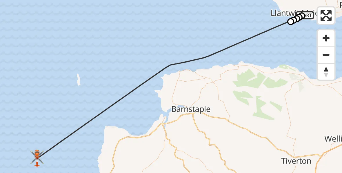 Flight path map showing Coastguard Helicopter route from MOD St Athan to Bristol Channel