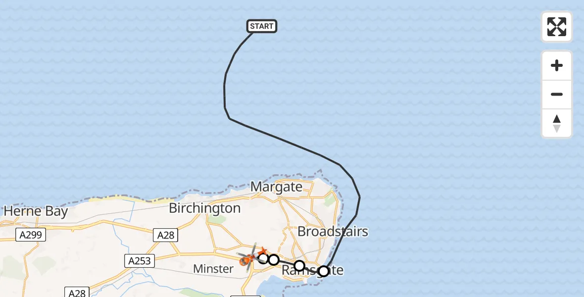 Flight path map showing Coastguard Helicopter route from North Sea to Manston Airport