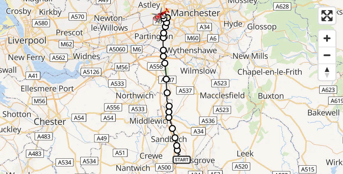 Flight path map showing Air Ambulance Helicopter route from Alsager to Worsley