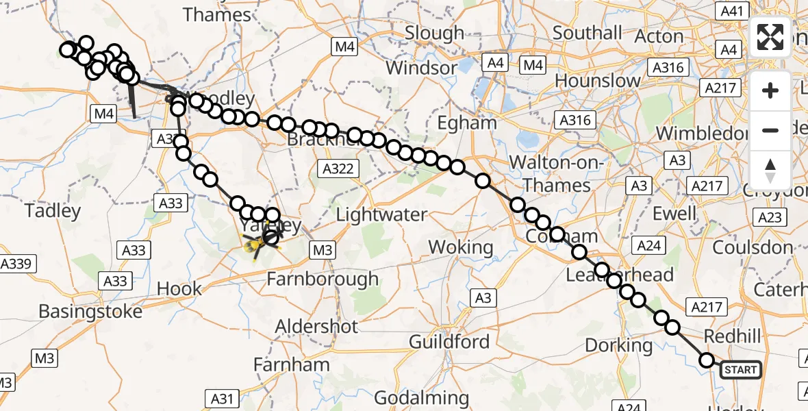 Flight path map showing Police Helicopter route from Salfords to Blackbushe Airport