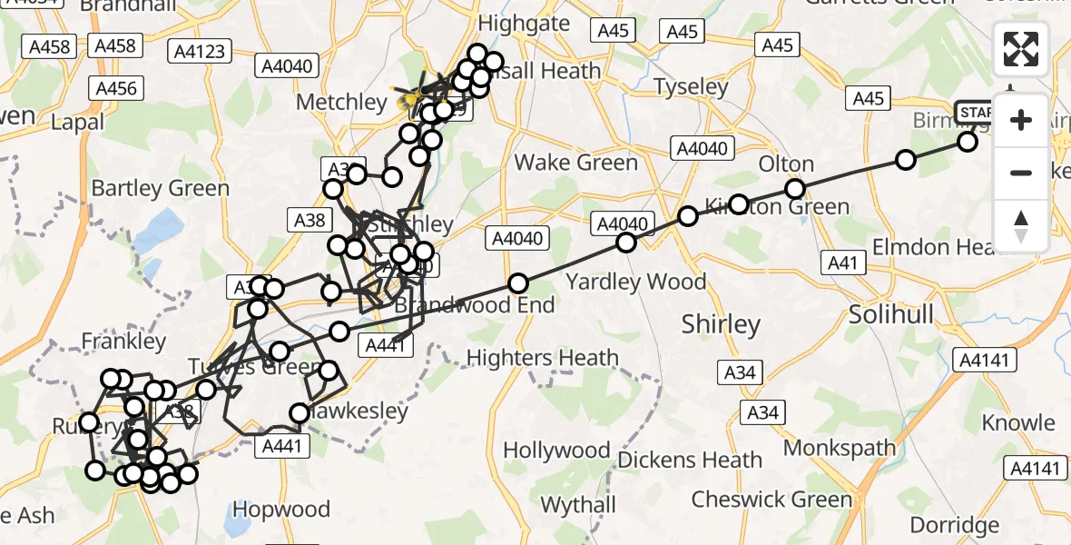 Flight path map showing Police Helicopter route from Birmingham Airport to Birmingham