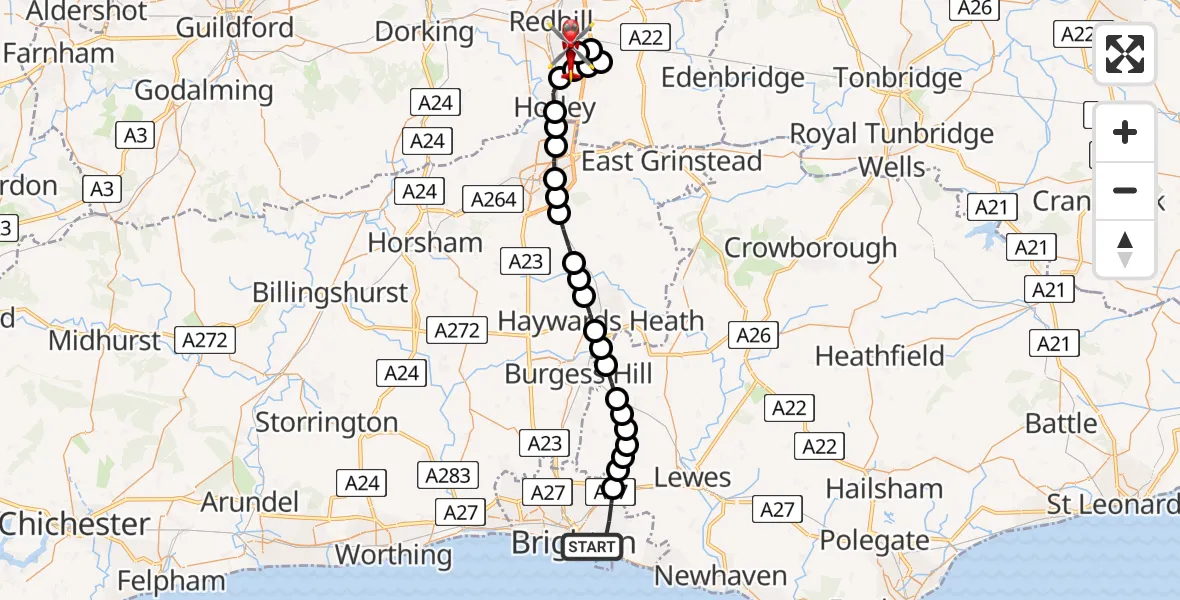 Flight path map showing Air Ambulance Helicopter route from Brighton to Redhill Aerodrome