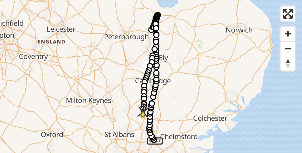 Flight path map showing Police Helicopter route from Coopersale to Wyddial
