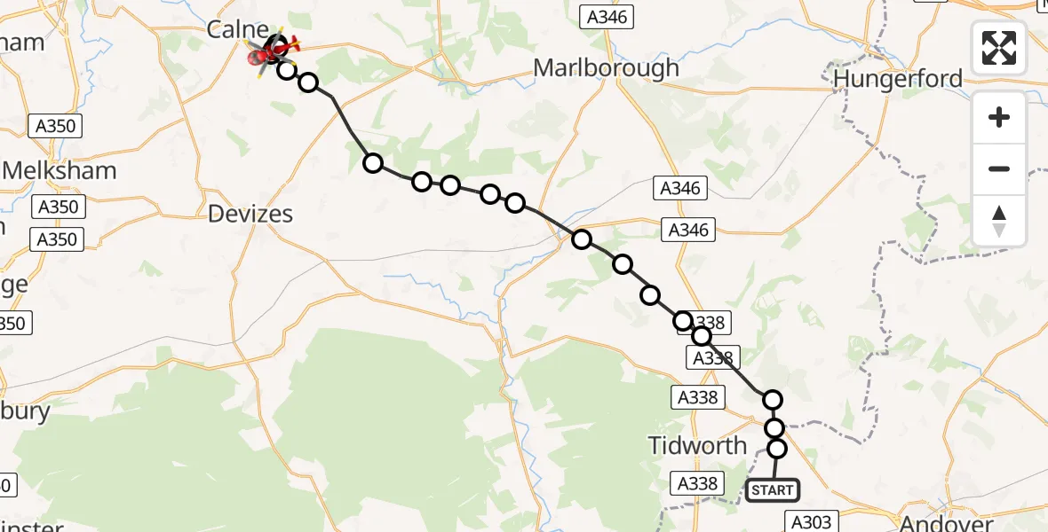 Flight path map showing Air Ambulance Helicopter route from Kimpton to Lower Compton