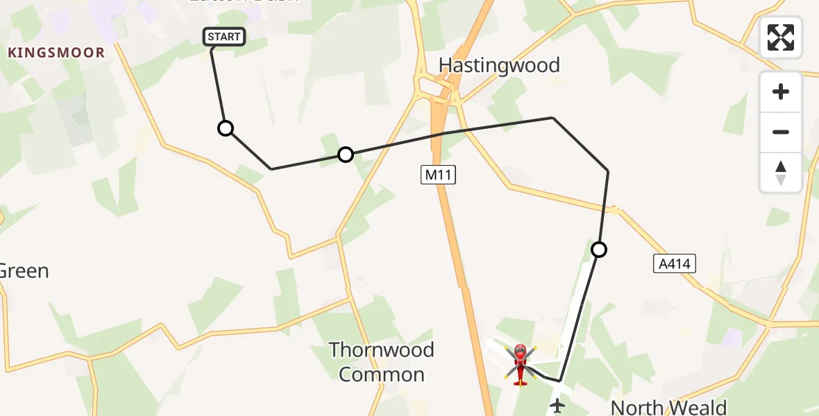 Flight path map showing Air Ambulance Helicopter route from Latton Bush to North Weald Airfield