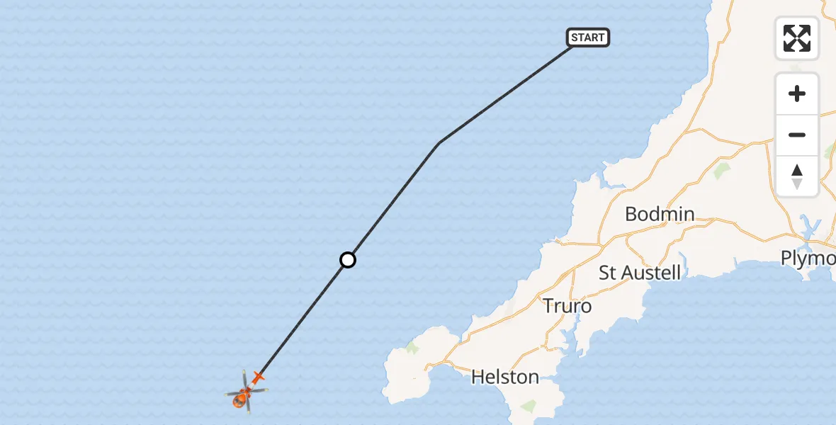 Flight path map showing Coastguard Helicopter route from Bristol Channel to North Atlantic Ocean