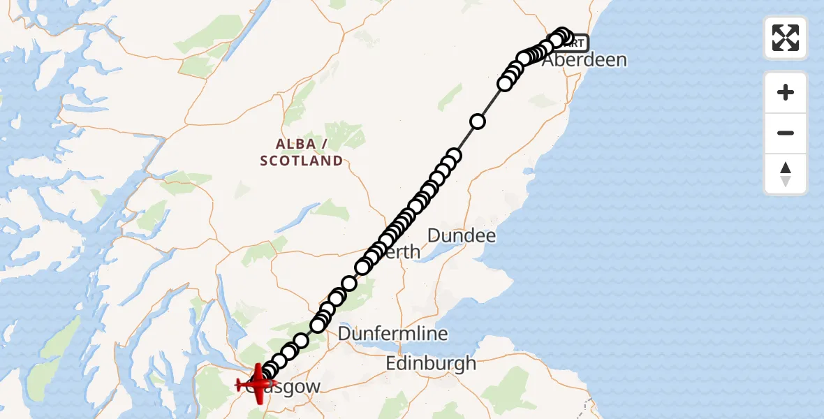 Flight path map showing Air Ambulance Aircraft route from Aberdeen International Airport to Glasgow Airport