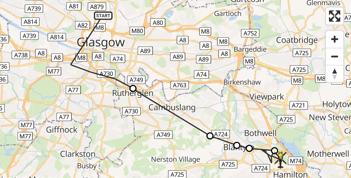 Flight path map showing Police Helicopter route from Glasgow to Hamilton