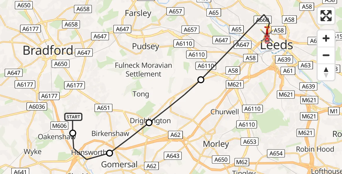 Flight path map showing Air Ambulance Helicopter route from Oakenshaw to Leeds