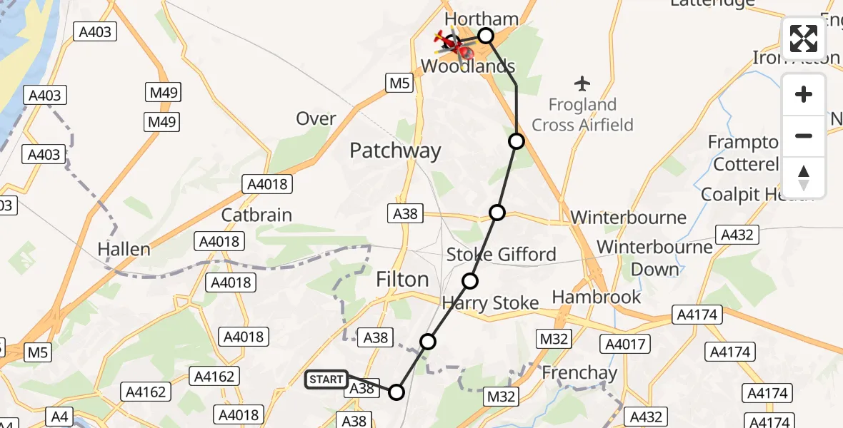 Flight path map showing Air Ambulance Helicopter route from Southmead Hospital to Almondsbury Helicopter Base