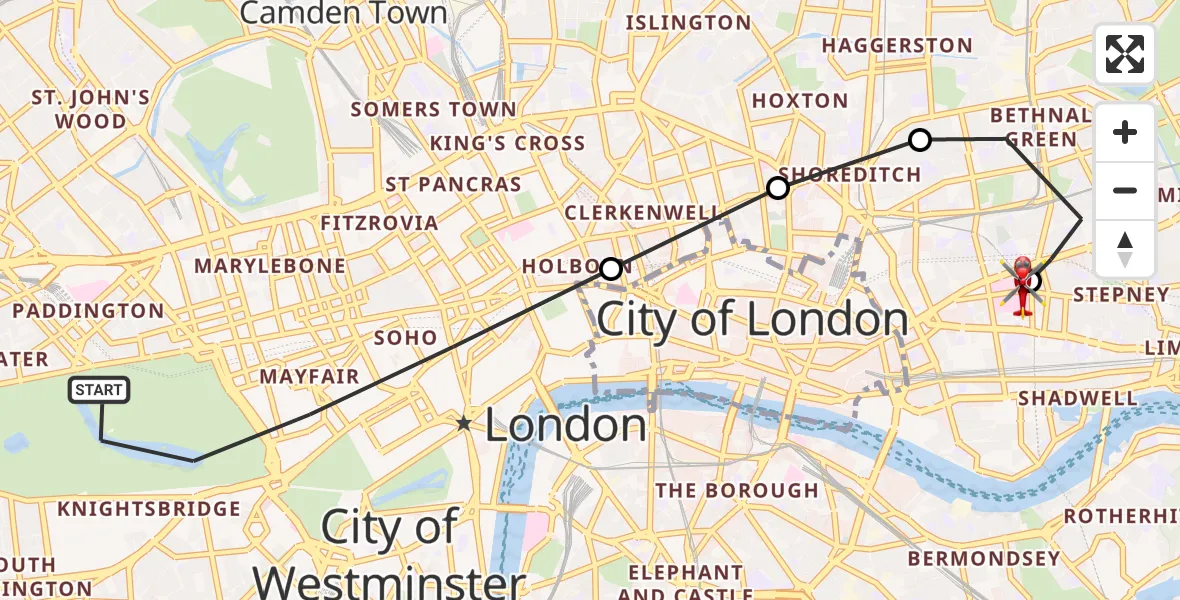 Flight path map showing Air Ambulance Helicopter route from City of Westminster to Royal London Hospital