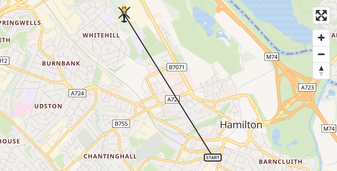 Flight path map showing Police Helicopter route from Hamilton to Bothwell