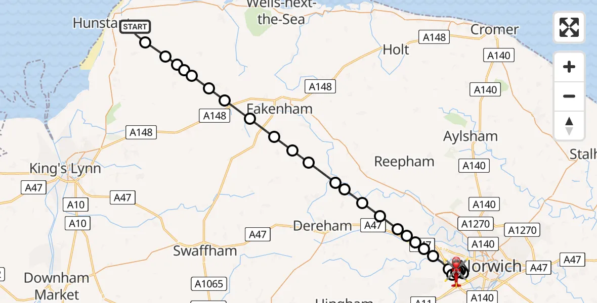 Flight path map showing Air Ambulance Helicopter route from Ringstead to Norfolk & Norwich Hospital