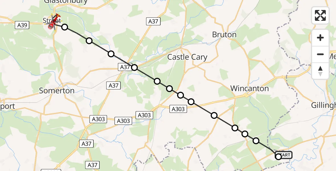 Flight path map showing Air Ambulance Helicopter route from Henstridge Airfield to Street