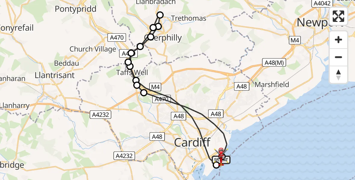 Flight path map showing Air Ambulance Helicopter route from Cardiff Heliport to Cardiff Heliport