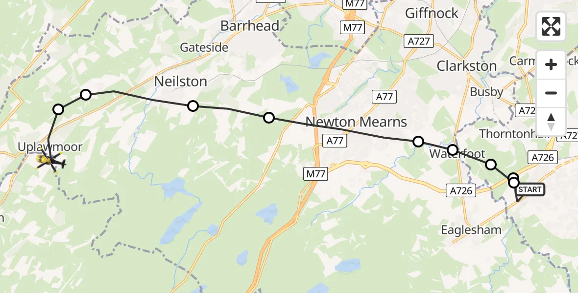 Flight path map showing Police Helicopter route from Jackton to Lugton