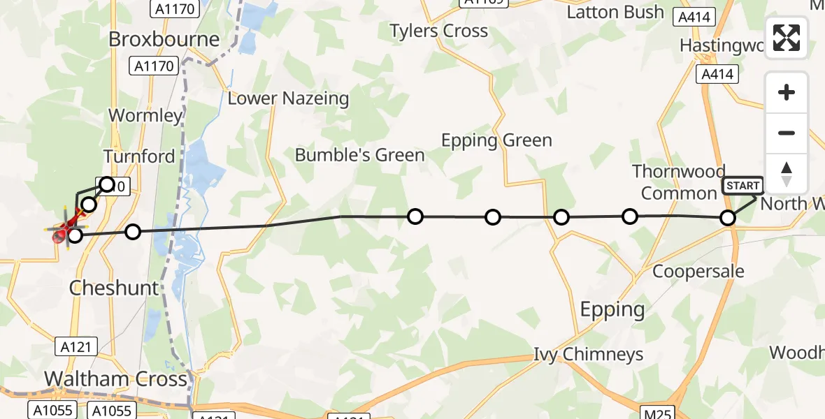 Flight path map showing Air Ambulance Helicopter route from North Weald Airfield to Churchgate