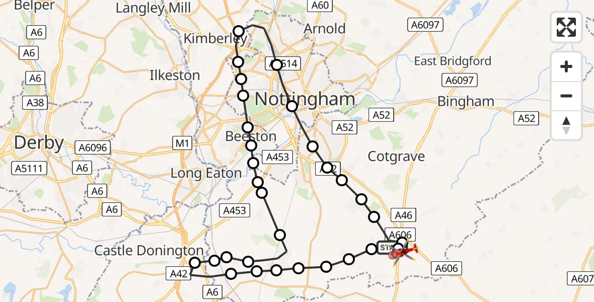 Flight path map showing Air Ambulance Helicopter route from Widmerpool to Nottingham Heliport