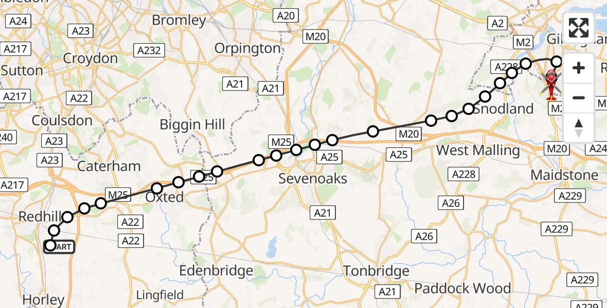Flight path map showing Air Ambulance Helicopter route from Redhill Aerodrome to Rochester Airport