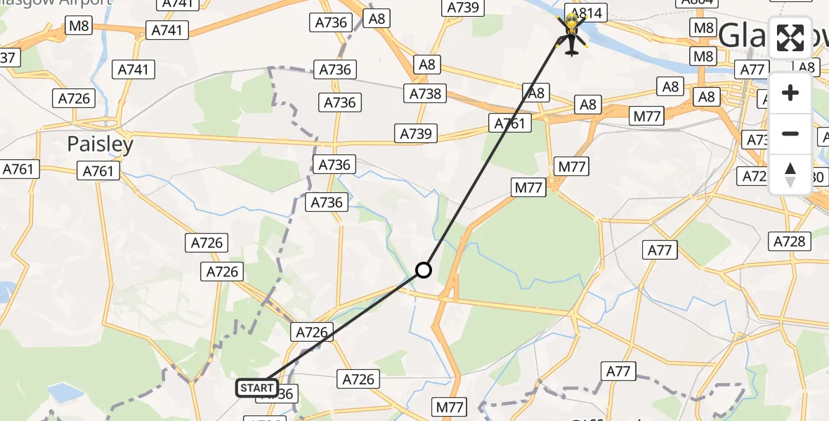 Flight path map showing Police Helicopter route from Barrhead to Glasgow City Heliport