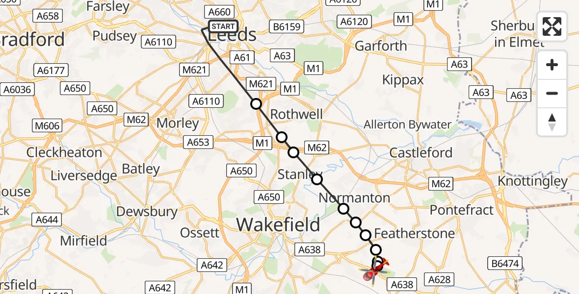 Flight path map showing Air Ambulance Helicopter route from Leeds to YAA Nostell Helicopter Port