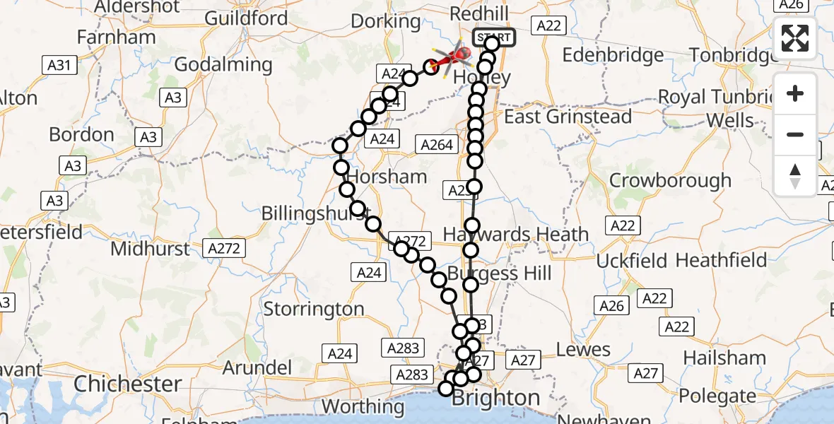 Flight path map showing Air Ambulance Helicopter route from Redhill Aerodrome to Mole Valley