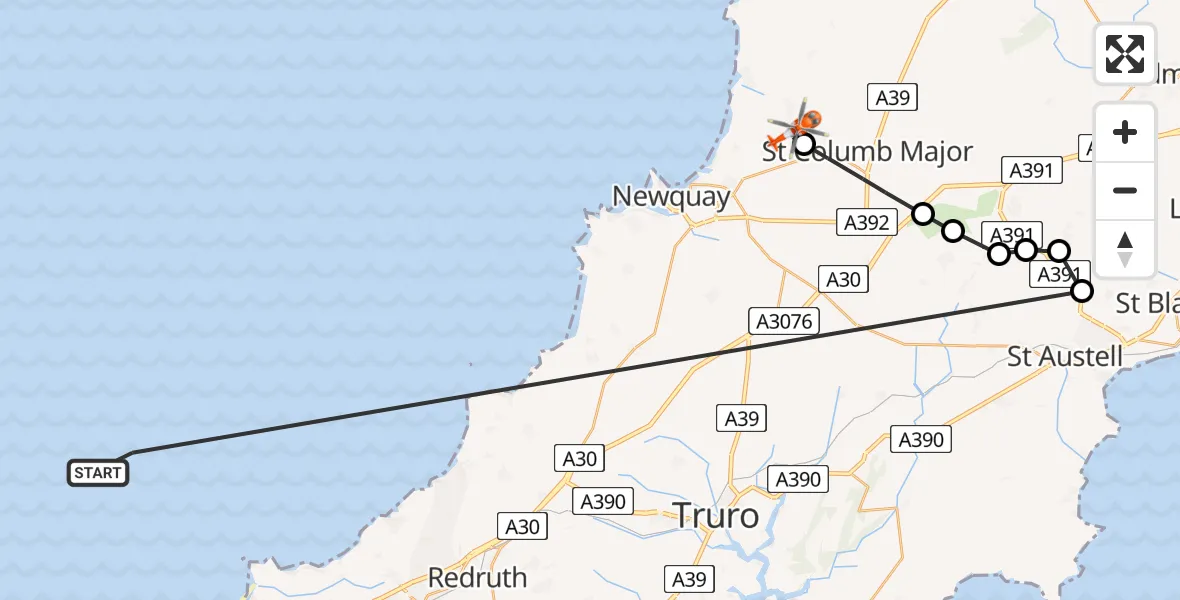 Flight path map showing Coastguard Helicopter route from Bristol Channel to Cornwall Airport Newquay