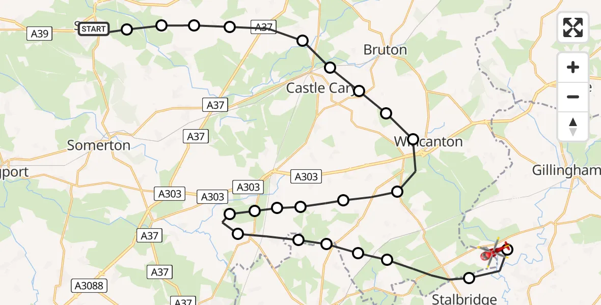 Routekaart van de vlucht: Air Ambulance Helicopter to Kington Magna, Butleigh Road