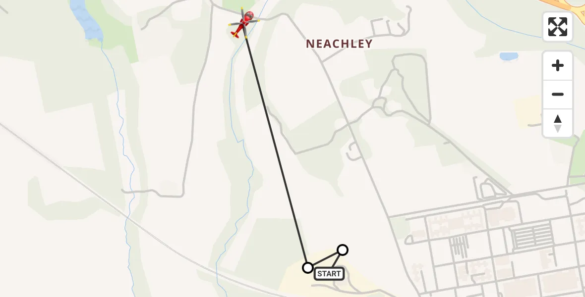 Flight path map showing Air Ambulance Helicopter route from RAF Cosford to Tong