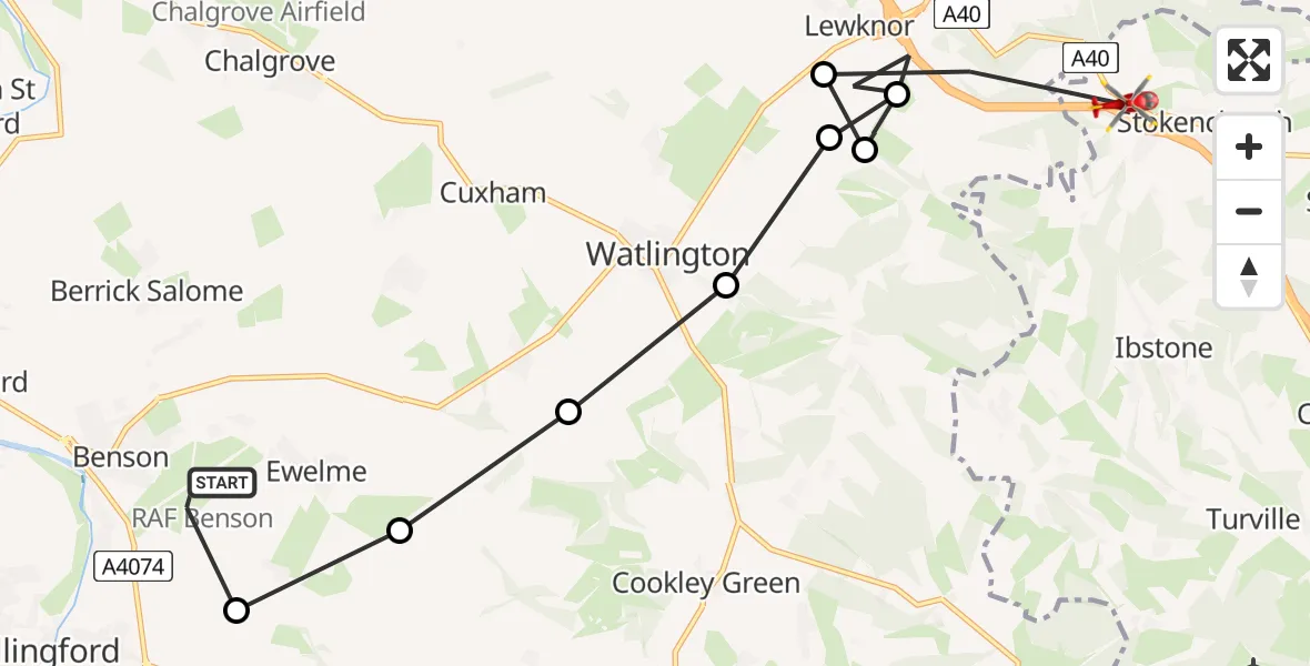 Flight path map showing Air Ambulance Helicopter route from RAF Benson to Stokenchurch