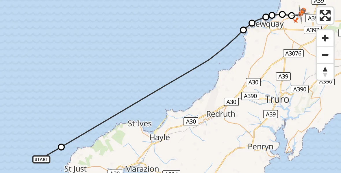 Flight path map showing Coastguard Helicopter route from North Atlantic Ocean to St. Columb Major