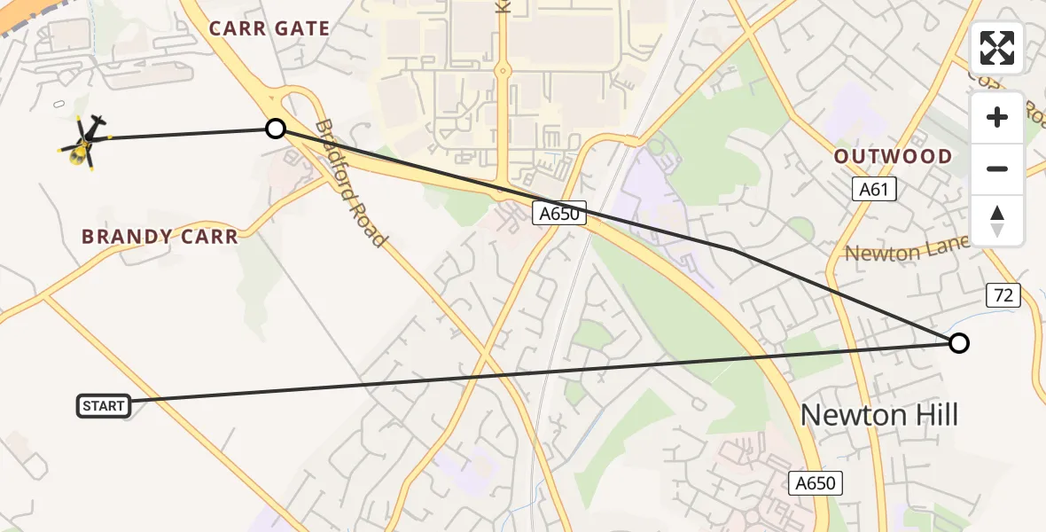 Routekaart van de vlucht: Police Helicopter to East Ardsley, Jerry Clay Lane