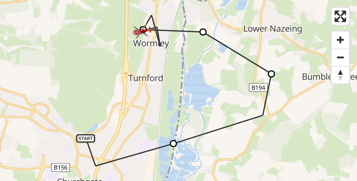 Routekaart van de vlucht: Air Ambulance Helicopter to Wormley, New River Path