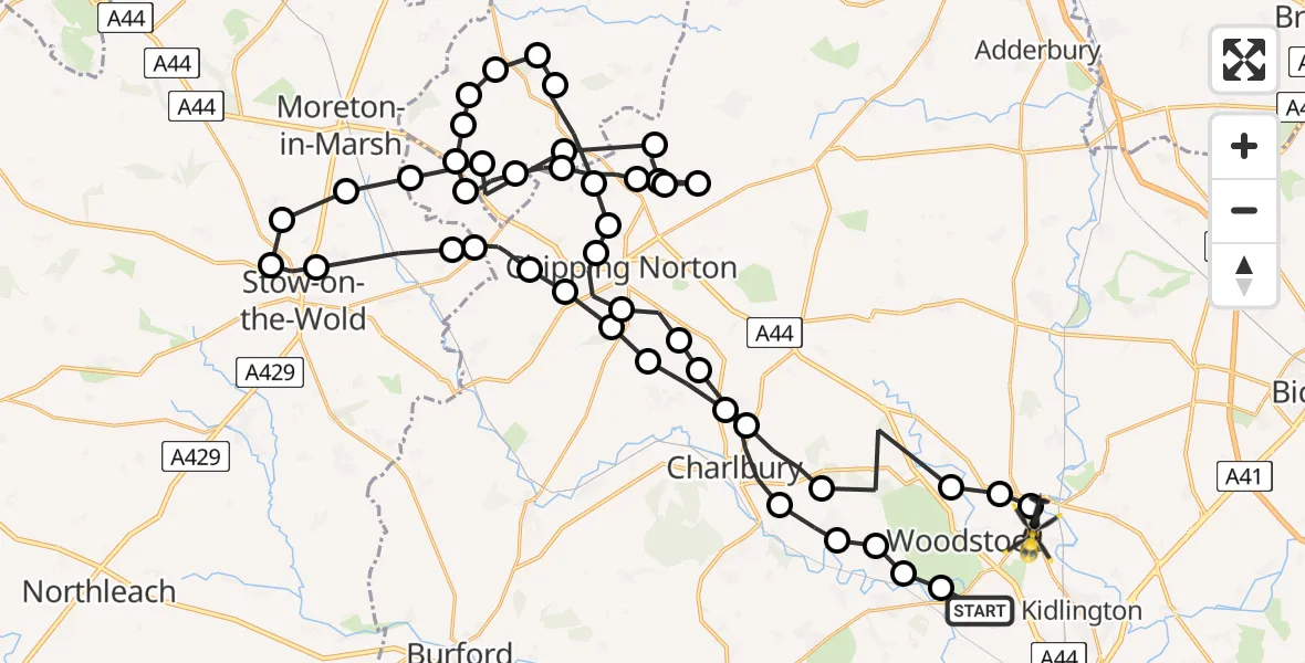 Flight path map showing Police Helicopter route from Bladon to Shipton-on-Cherwell