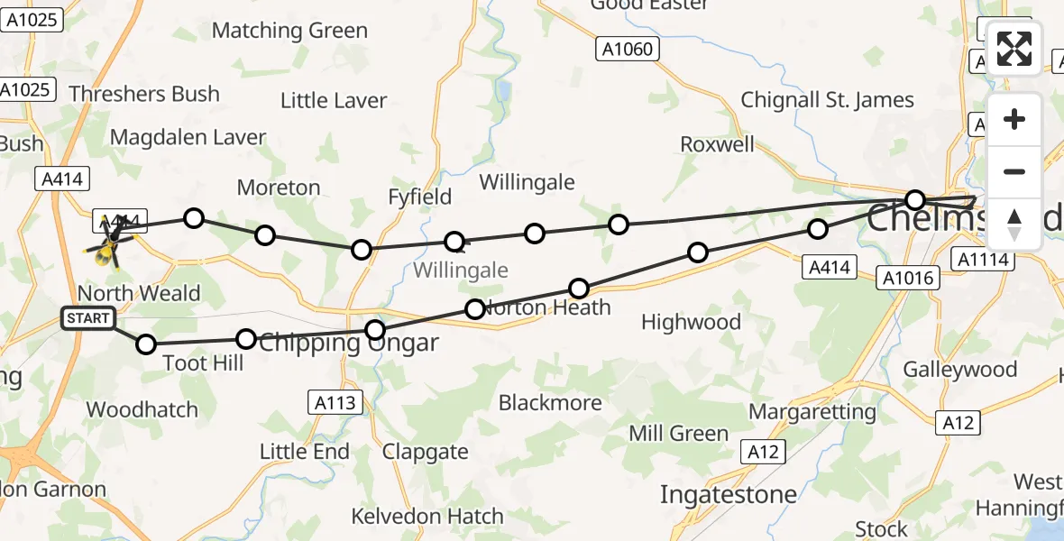 Flight path map showing Police Helicopter route from North Weald Airfield to North Weald Airfield