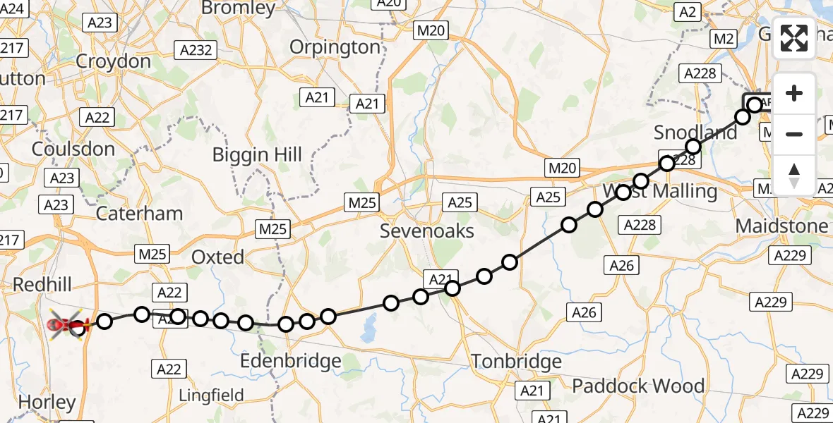 Flight path map showing Air Ambulance Helicopter route from Rochester Airport to Redhill Aerodrome