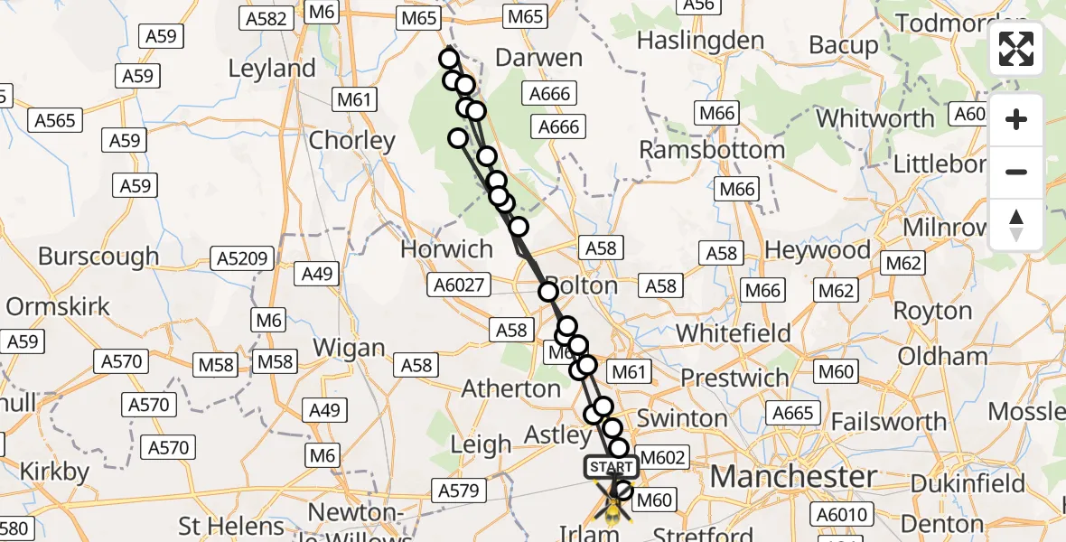 Flight path map showing Police Helicopter route from Worsley to Irlam