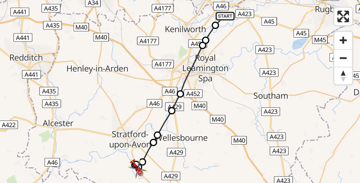 Flight path map showing Air Ambulance Helicopter route from Coventry Airport to Preston on Stour CP