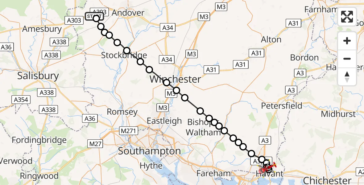 Flight path map showing Air Ambulance Helicopter route from Thruxton Aerodrome to Warblington