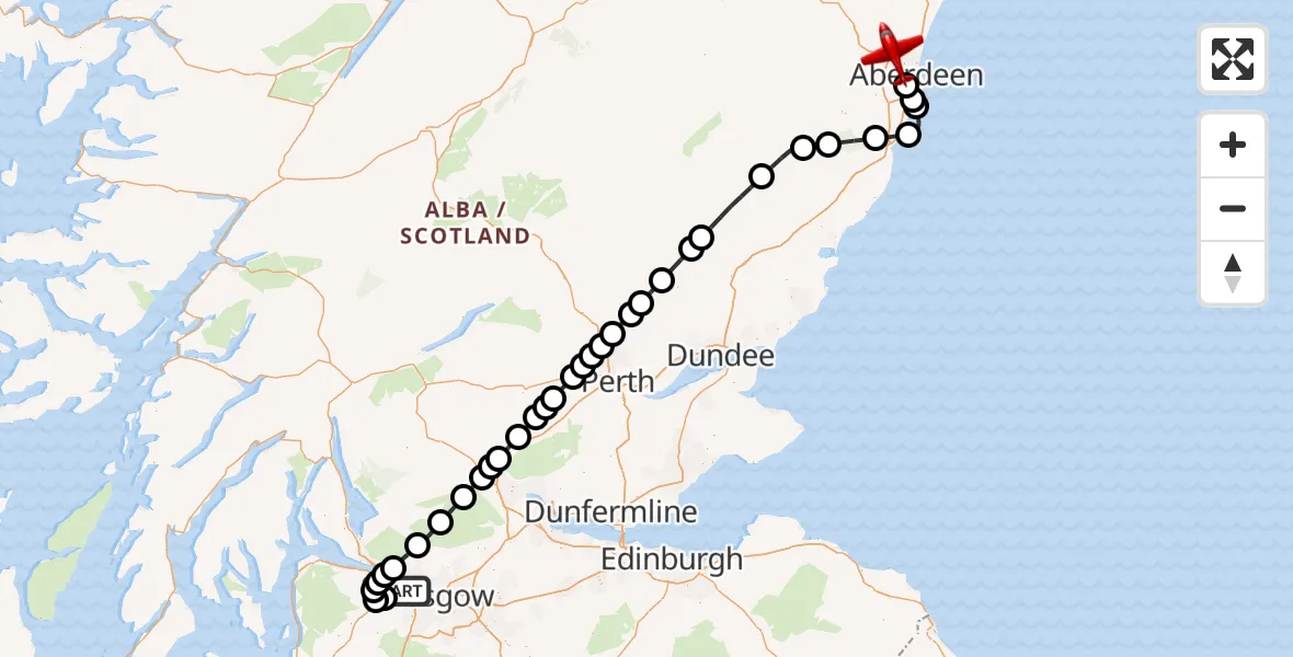 Flight path map showing Air Ambulance Aircraft route from Glasgow Airport to Aberdeen International Airport