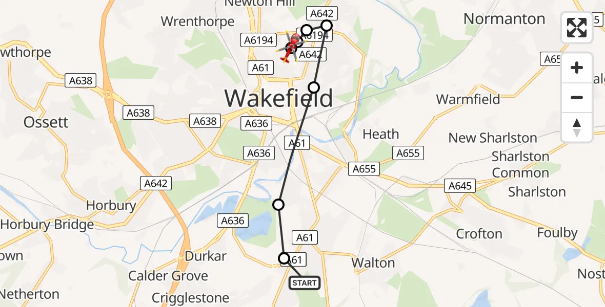 Flight path map showing Air Ambulance Helicopter route from Newmillerdam to Newton Hill