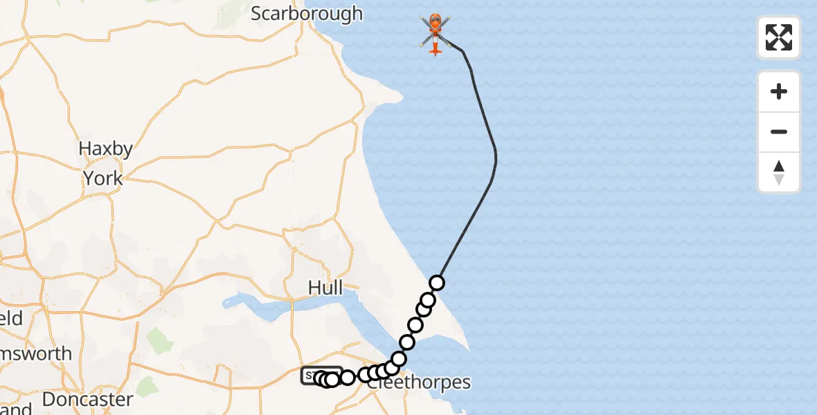 Flight path map showing Coastguard Helicopter route from Humberside Airport to North Sea
