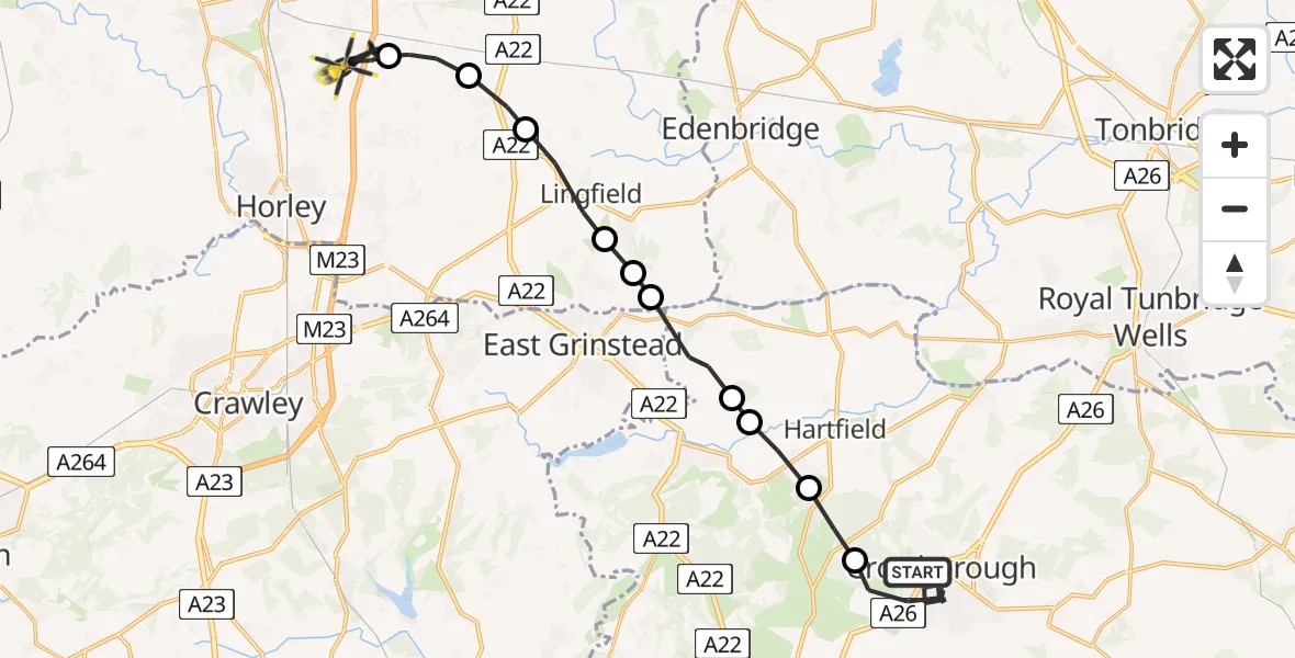Flight path map showing Police Helicopter route from Crowborough to South Nutfield