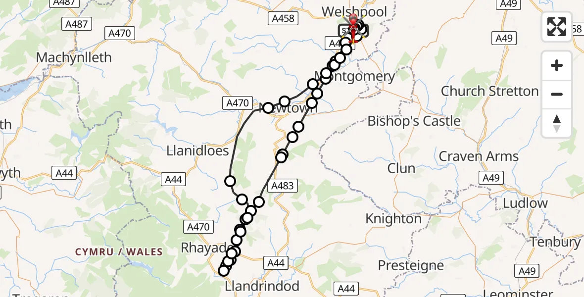 Flight path map showing Air Ambulance Helicopter route from Welshpool Airport to Welshpool Airport