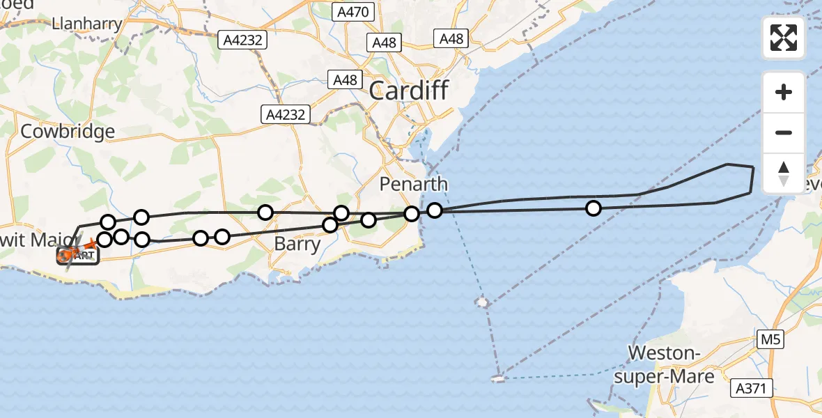 Flight path map showing Coastguard Helicopter route from MOD St Athan to MOD St Athan