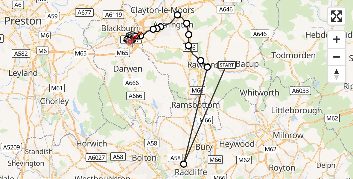 Flight path map showing Air Ambulance Helicopter route from Sagar Holme to Blackburn