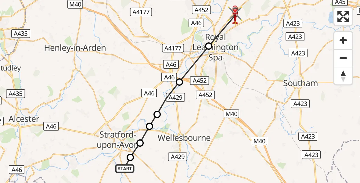 Routekaart van de vlucht: Air Ambulance Helicopter to Cubbington, Leicester Lane