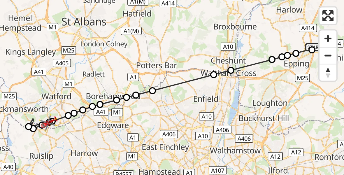 Flight path map showing Air Ambulance Helicopter route from North Weald Airfield to South Oxhey