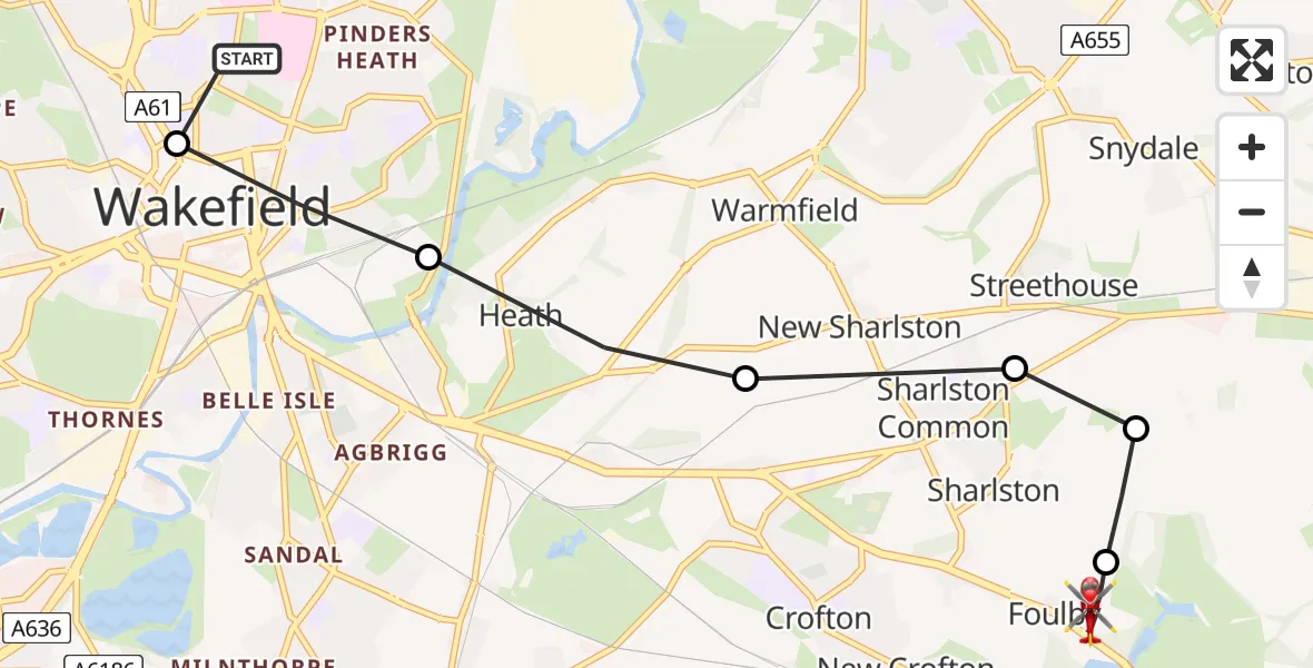 Flight path map showing Air Ambulance Helicopter route from Newton Hill to YAA Nostell Helicopter Port